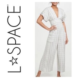 L*Space wide leg v neck grey white flowy jumpsuit